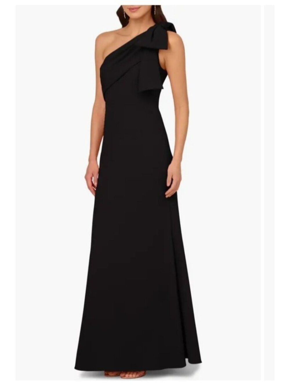 Adrianna Papell Womens 12 Black One-Shoulder Gown Dress Bow Maxi Elegant Formal